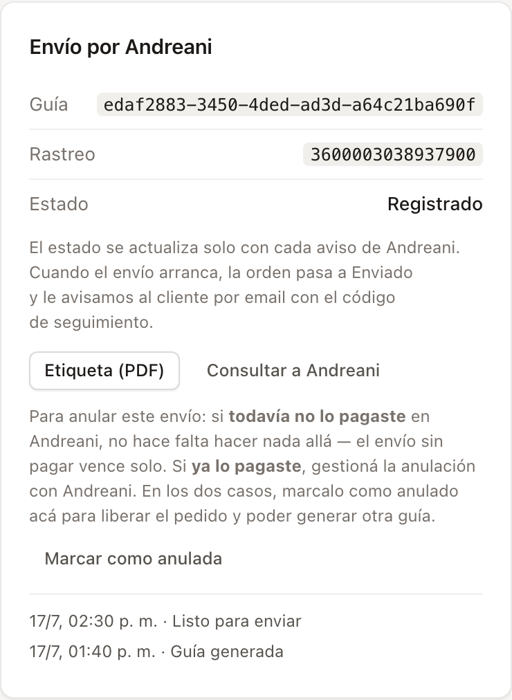 El pedido en Vendialo después de pagar: el número de seguimiento cargado y la etiqueta lista para descargar.