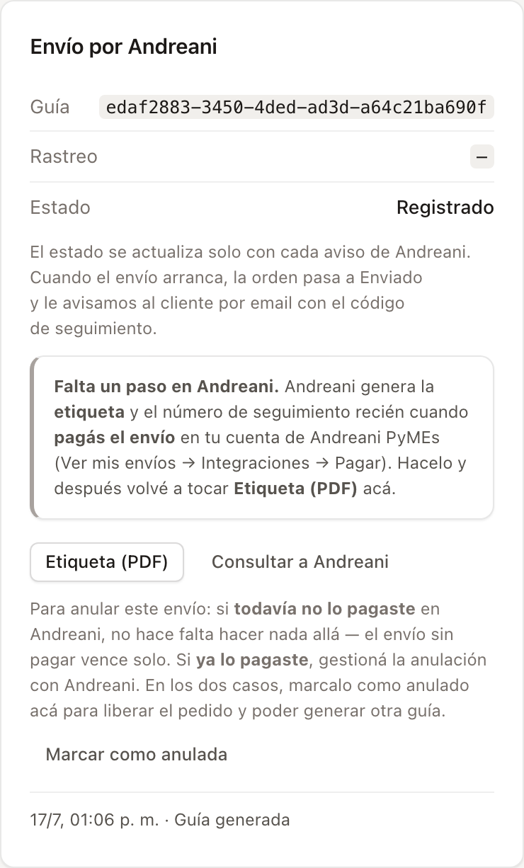 El pedido con la guía de Andreani generada y el aviso de que falta pagar el envío en Andreani para que salga la etiqueta.