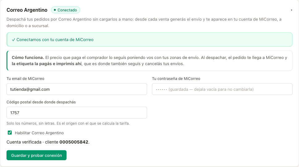 La tarjeta conectada, con la cuenta verificada y el número de cliente de MiCorreo.