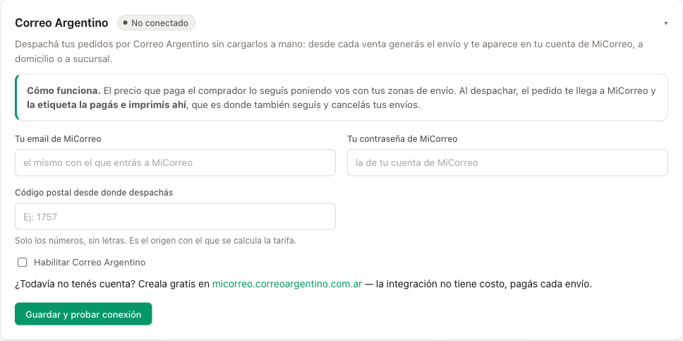 La tarjeta de Correo Argentino en Envíos, lista para conectar con tu email y contraseña de MiCorreo.
