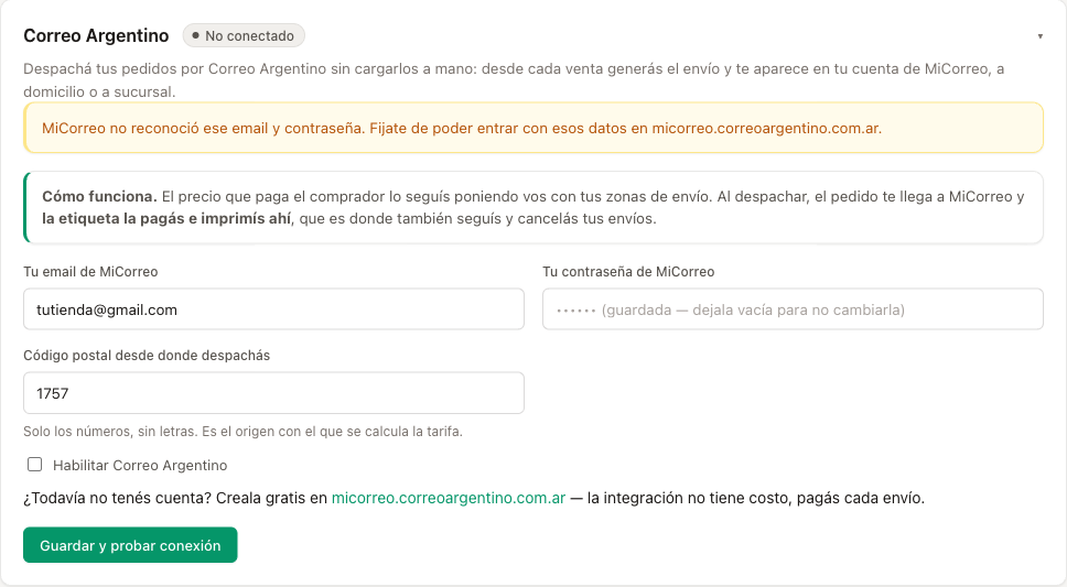 El mensaje que aparece cuando el email o la contraseña de MiCorreo no son correctos.