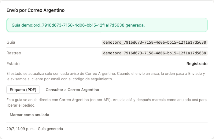 El pedido con el envío de Correo Argentino generado: código de seguimiento, estado y el aviso de que la etiqueta se imprime en MiCorreo.