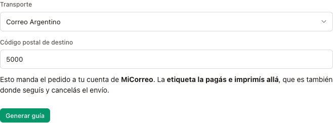 El selector de transporte en el pedido, con Correo Argentino elegido y el código postal de destino.