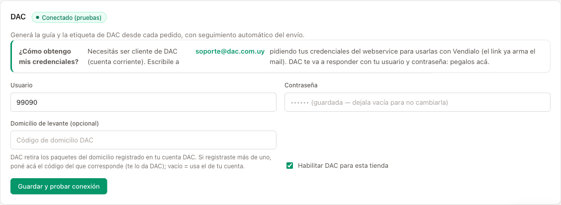 La tarjeta de DAC ya conectada en Envíos, lista para generar guías.