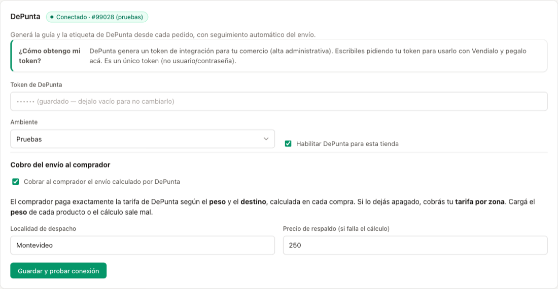 La opción "Cobro del envío al comprador" en la tarjeta de DePunta: el toggle, la localidad de despacho y el precio de respaldo.