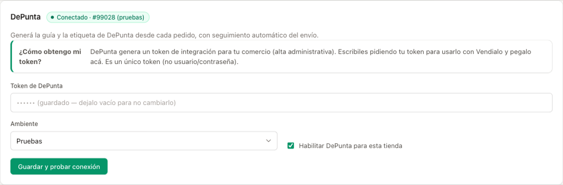 La tarjeta de DePunta ya conectada en Envíos.