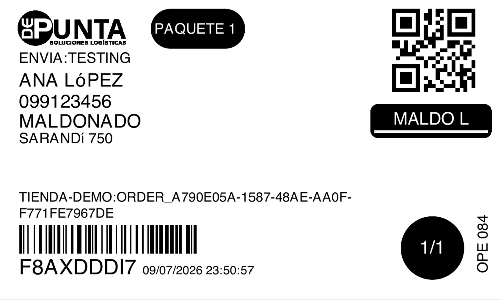 La etiqueta de DePunta en PDF, con el tipo de envío, el destino y el código.