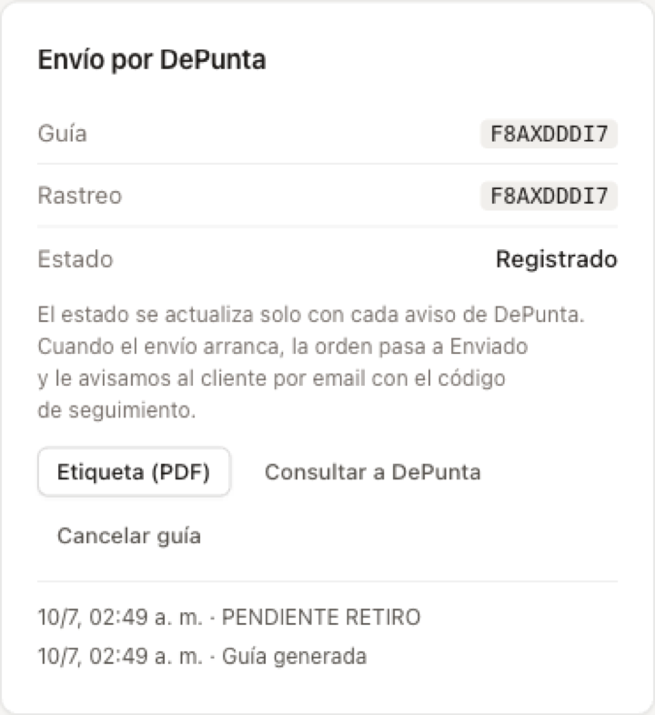 El pedido con la guía de DePunta generada, su rastreo y la etiqueta lista.