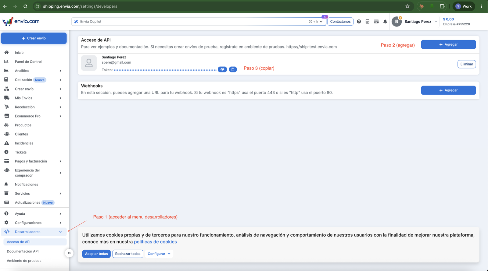 La pantalla Acceso de API de Envia.com: el menú Desarrolladores a la izquierda, el botón Agregar arriba a la derecha y el token con su botón de copiar.