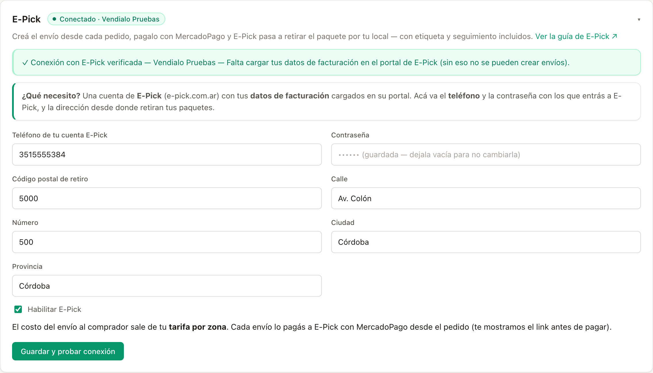 La tarjeta de E-Pick conectada, mostrando el nombre de la cuenta.