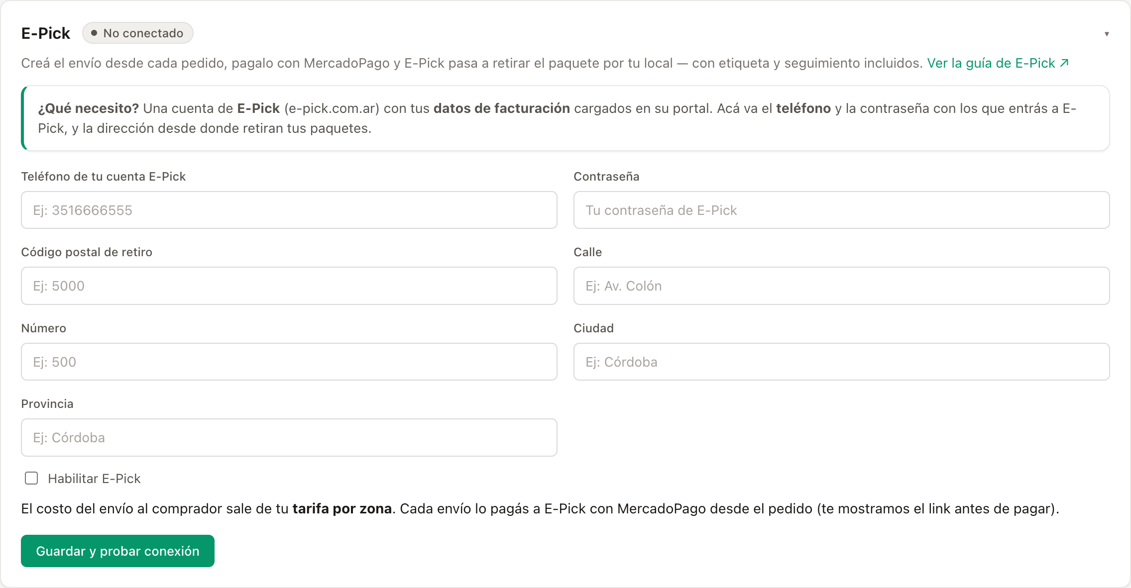 La tarjeta de E-Pick en Envíos, con el teléfono, la contraseña y la dirección de retiro.