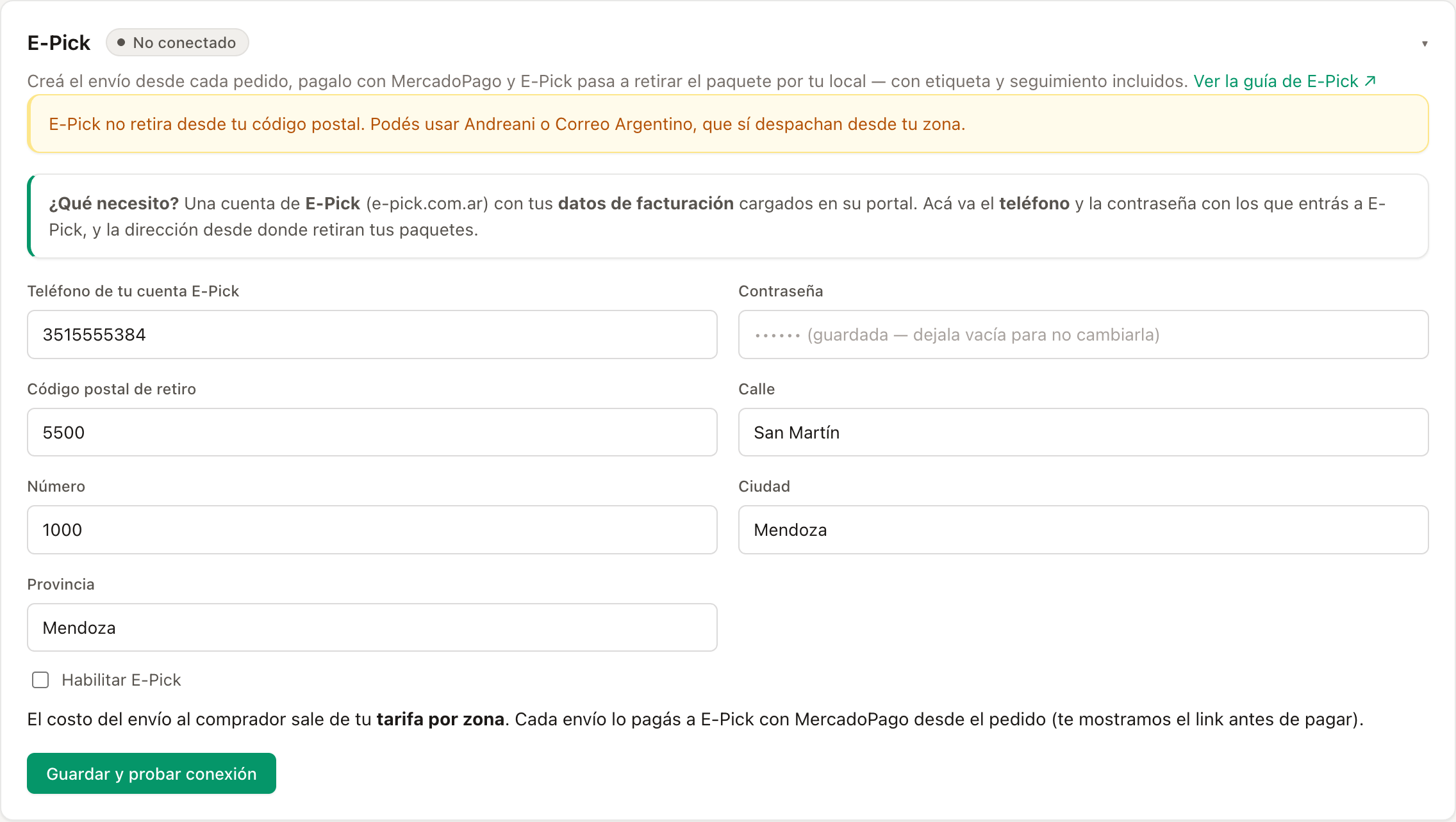 El aviso de que E-Pick no retira desde ese código postal, sugiriendo Andreani o Correo Argentino.