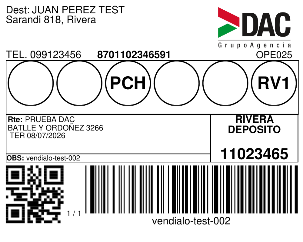 La etiqueta de DAC en PDF, lista para imprimir y pegar en el paquete.