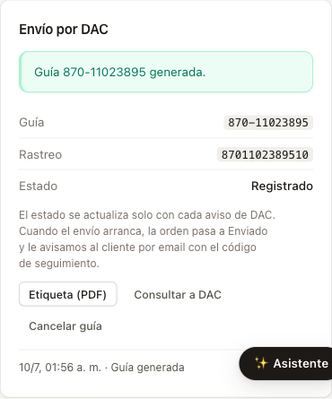 El pedido con la guía de DAC generada, su código de rastreo y la etiqueta lista.