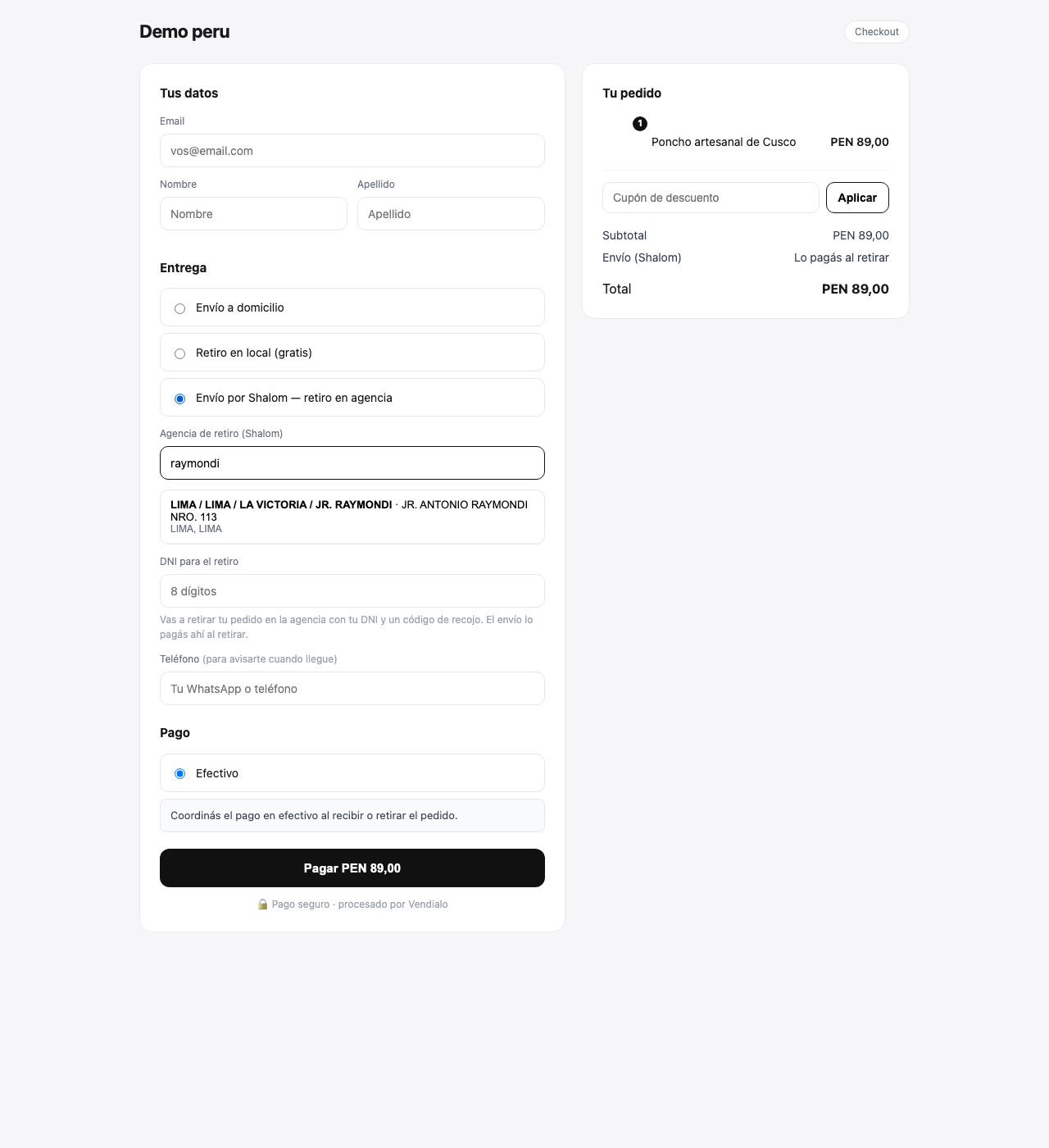 El checkout con Shalom: el comprador elige la agencia de retiro y pone su DNI.