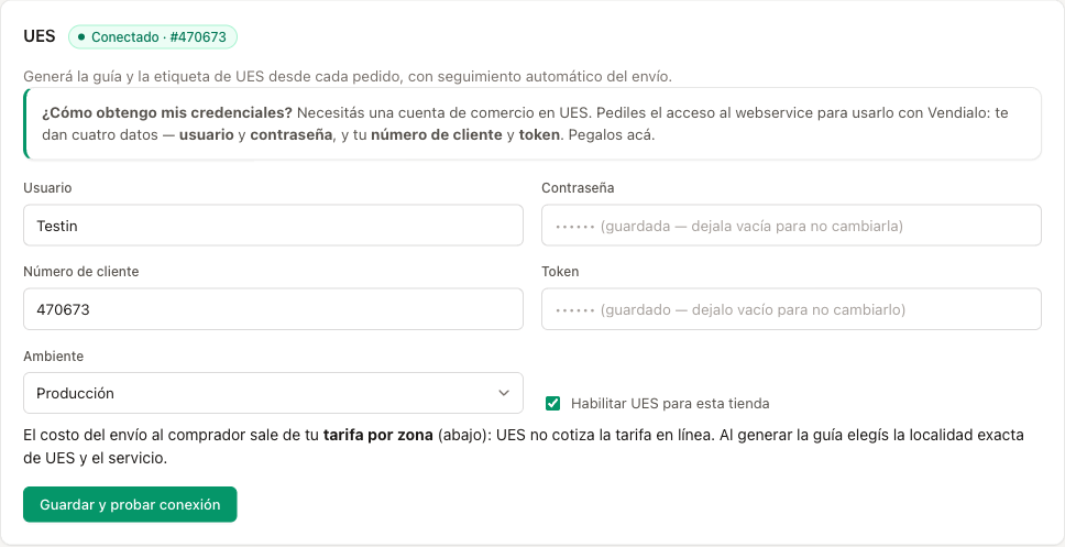 La tarjeta de UES ya conectada en Envíos, lista para generar guías.