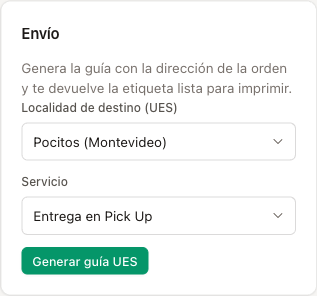 El pedido con el selector de UES: la localidad de destino y el servicio.