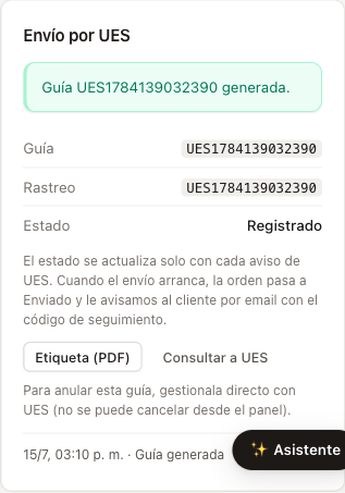 El pedido con la guía de UES generada, su rastreo y la etiqueta lista.