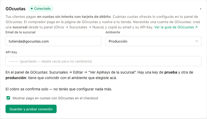 La tarjeta de GOcuotas conectada en Cobros.