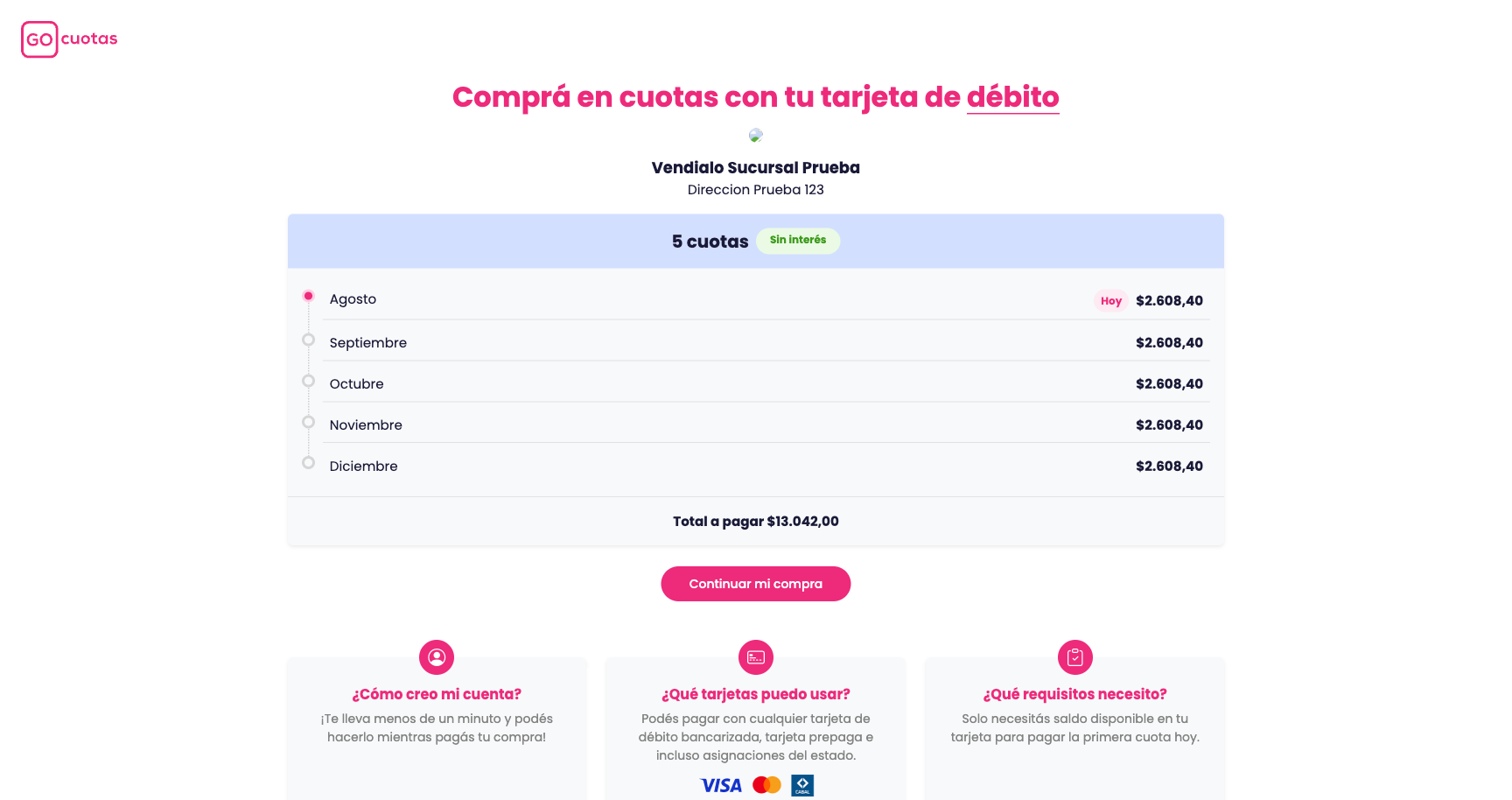 La pantalla de GOcuotas con el plan de cuotas y el total.
