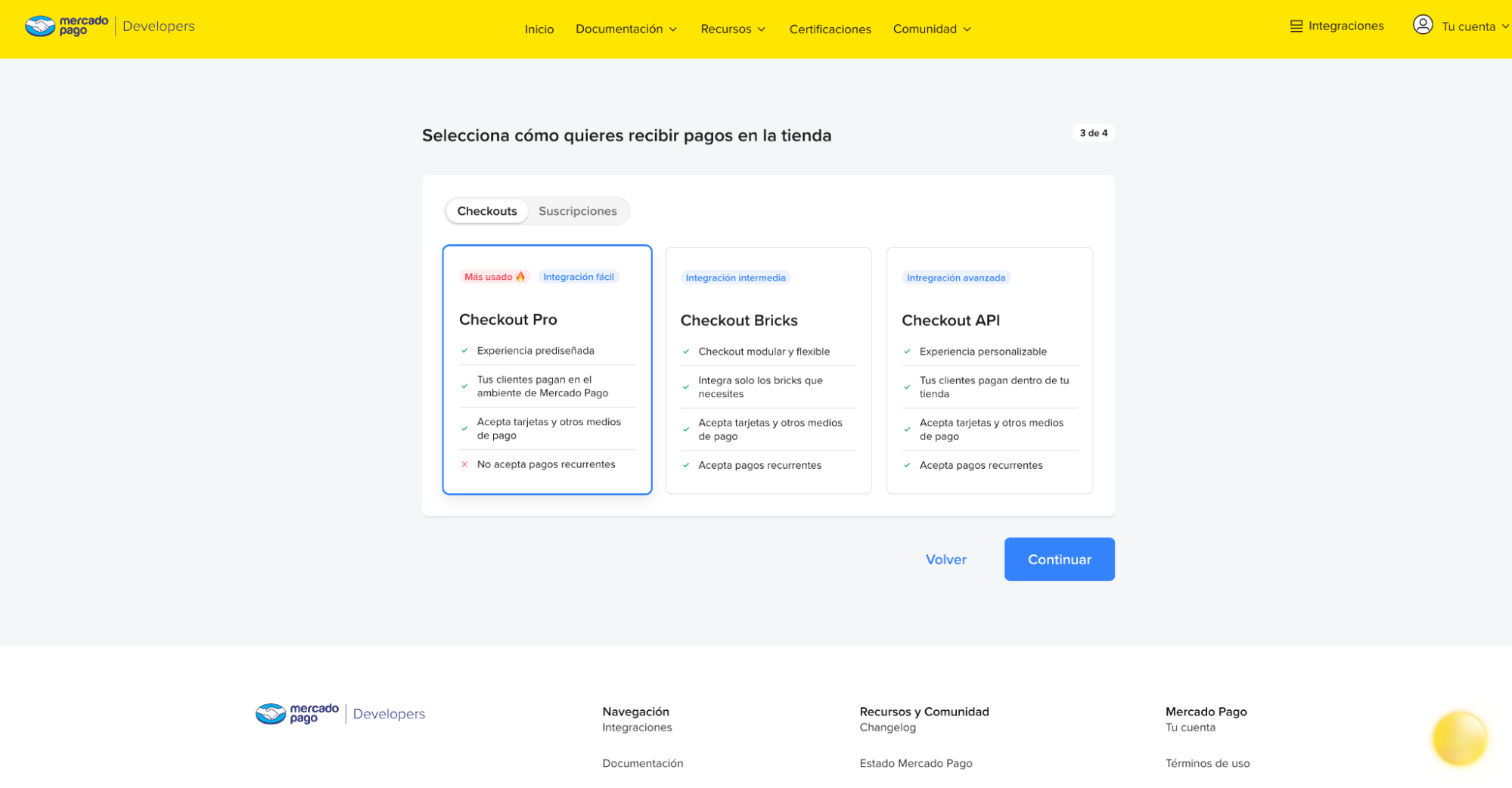 Tres tarjetas de solución de cobro; "Checkout Pro" está seleccionada.