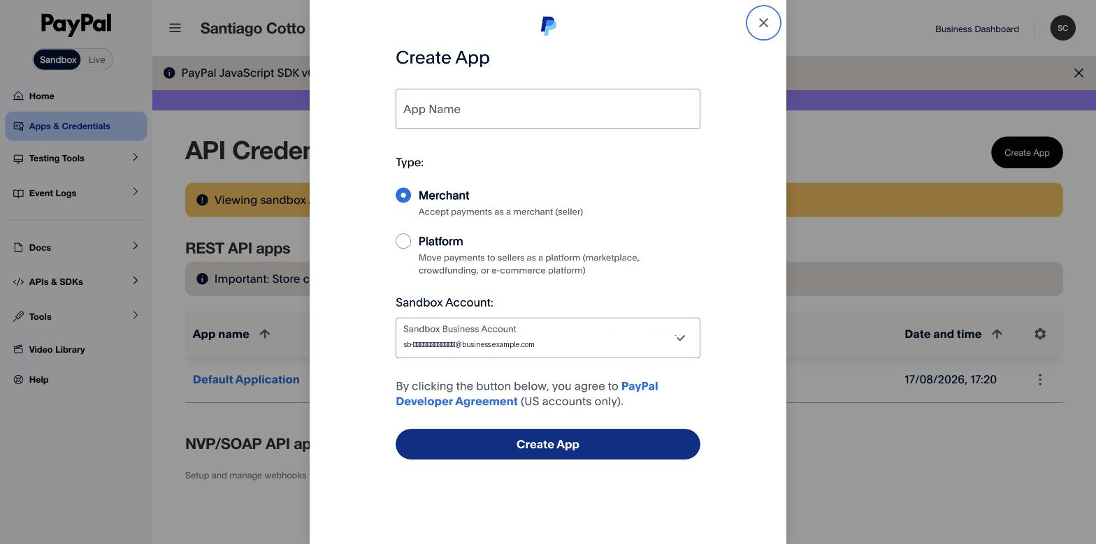 El formulario de Create App con el tipo Merchant elegido.