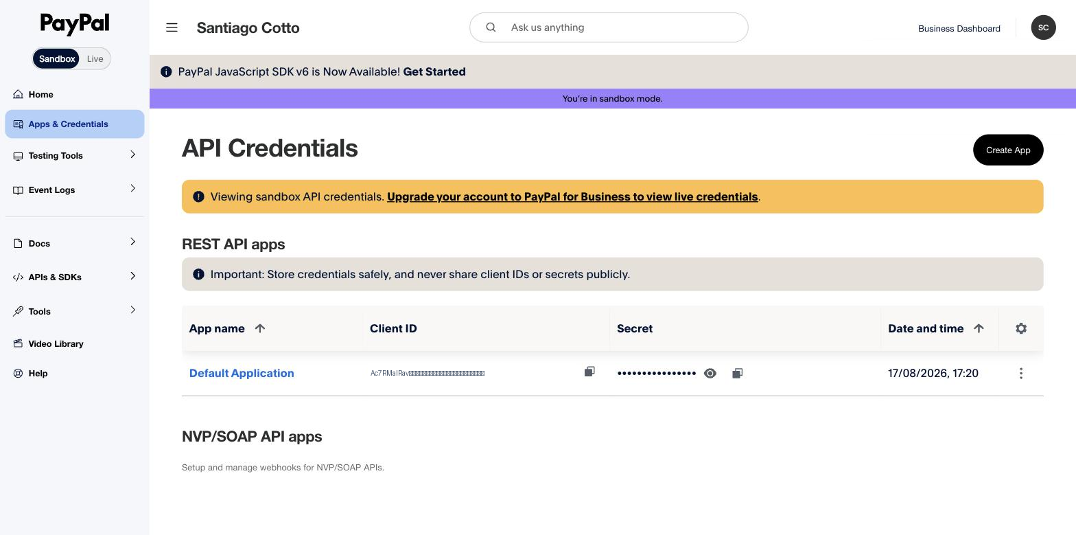 El panel de PayPal: arriba a la izquierda el interruptor Sandbox / Live, y a la derecha el botón Create App.