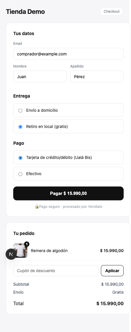 El checkout con Ualá Bis elegido como medio de pago.