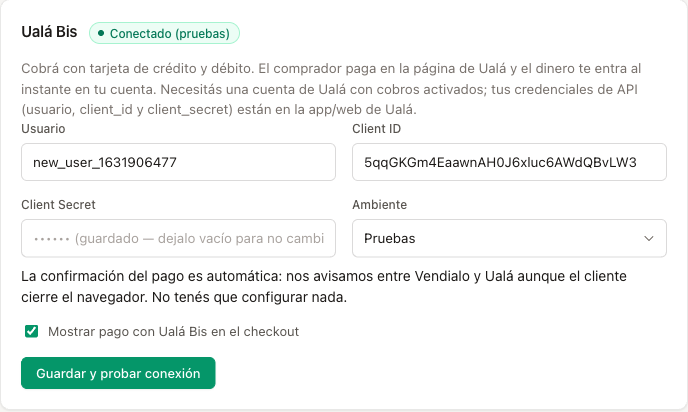 La tarjeta de Ualá Bis conectada en Configuración → Pagos.