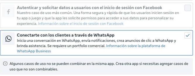La lista de casos de uso con "Conectarte con los clientes a través de WhatsApp" marcado.