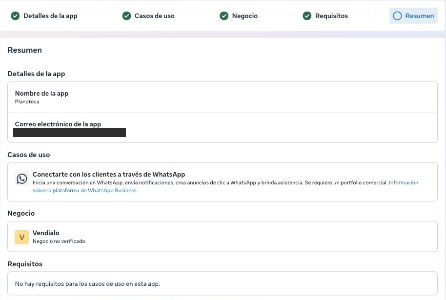El resumen antes de crear la app, con el negocio sin verificar.