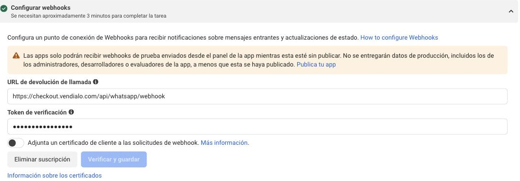 La configuración del webhook en Meta, con la URL de Vendialo cargada.