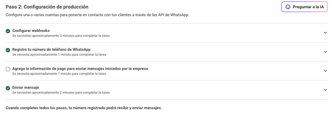 El paso 2 de Meta con el webhook verificado.