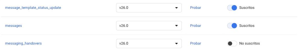 La lista de campos del webhook con "messages" en Suscritos.