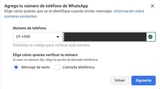 El formulario para agregar el número, con el país y el número cargados.