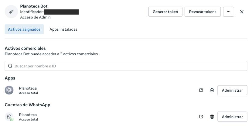 El usuario del sistema con la app y la cuenta de WhatsApp asignadas, las dos con acceso total.