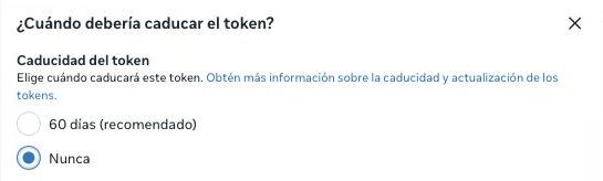 La pantalla de caducidad del token, con "Nunca" elegido en vez de los 60 días que Meta trae por defecto.